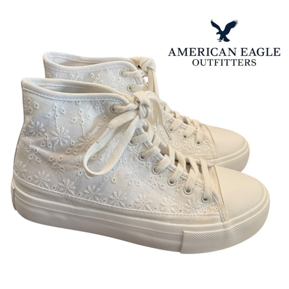 American Eagle White High-Top Eyelet Platform Sneakers 9 - Picture 1 of 6